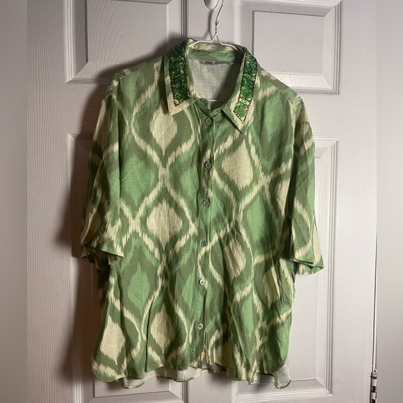 Zara Tops - Zara Green and White Beaded Collar Blouse